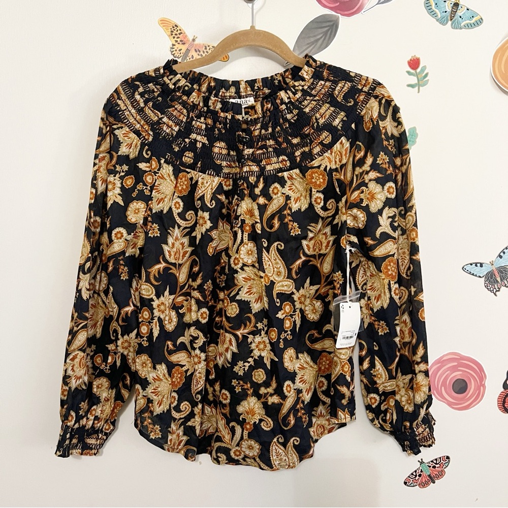 a.n.a Black and Tan Floral Smoked Blouse S NWT